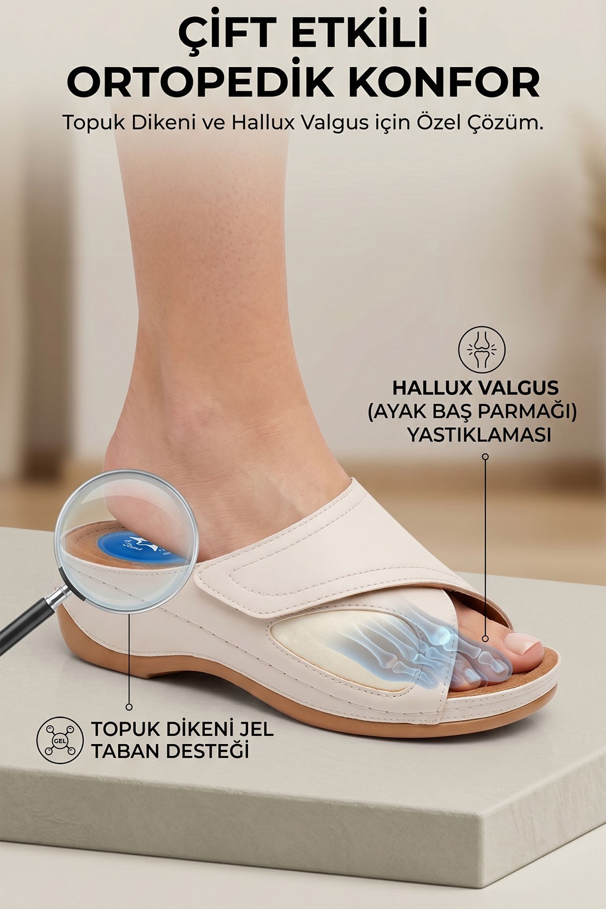 Bej Topuk Dikeni Destekli Jel Tabanlı Hallux Valgus Uyumlu Günlük Rahat Kadın Terlik