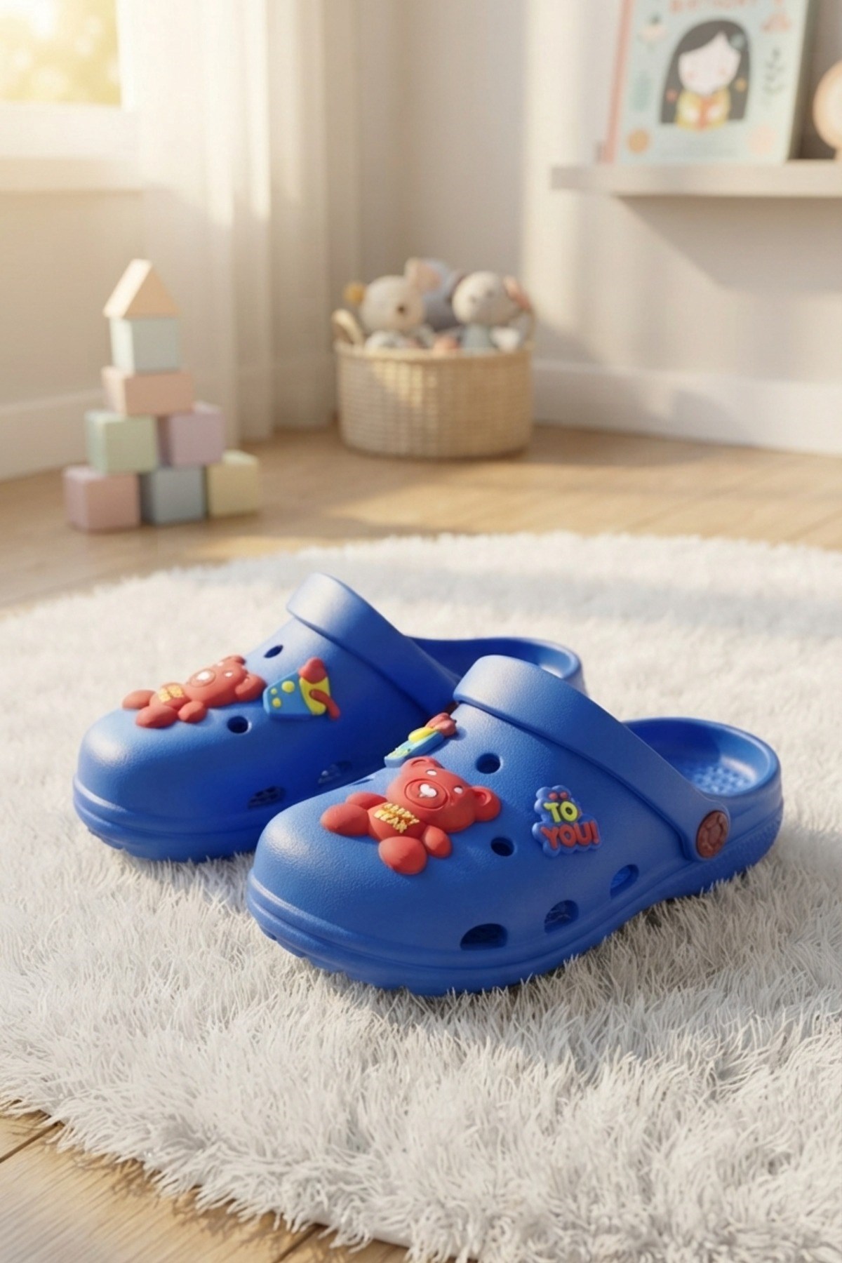 Saks Mavi Ayıcıklı Kreş Sahil Plaj Havuz Terliği Unisex Çocuk Terlik & Sandalet
