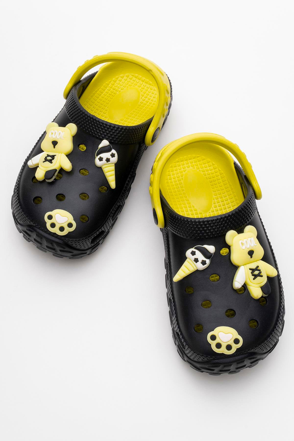Siyah Sarı Ayıcıklı Unisex Çocuk Terlik&Sandalet