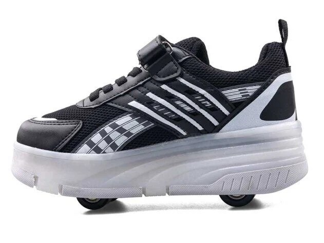 Erkek Çocuk Işıklı Tekerlekli Paten Ayakkabı -Siyah Desenli Spor Ayakkabı