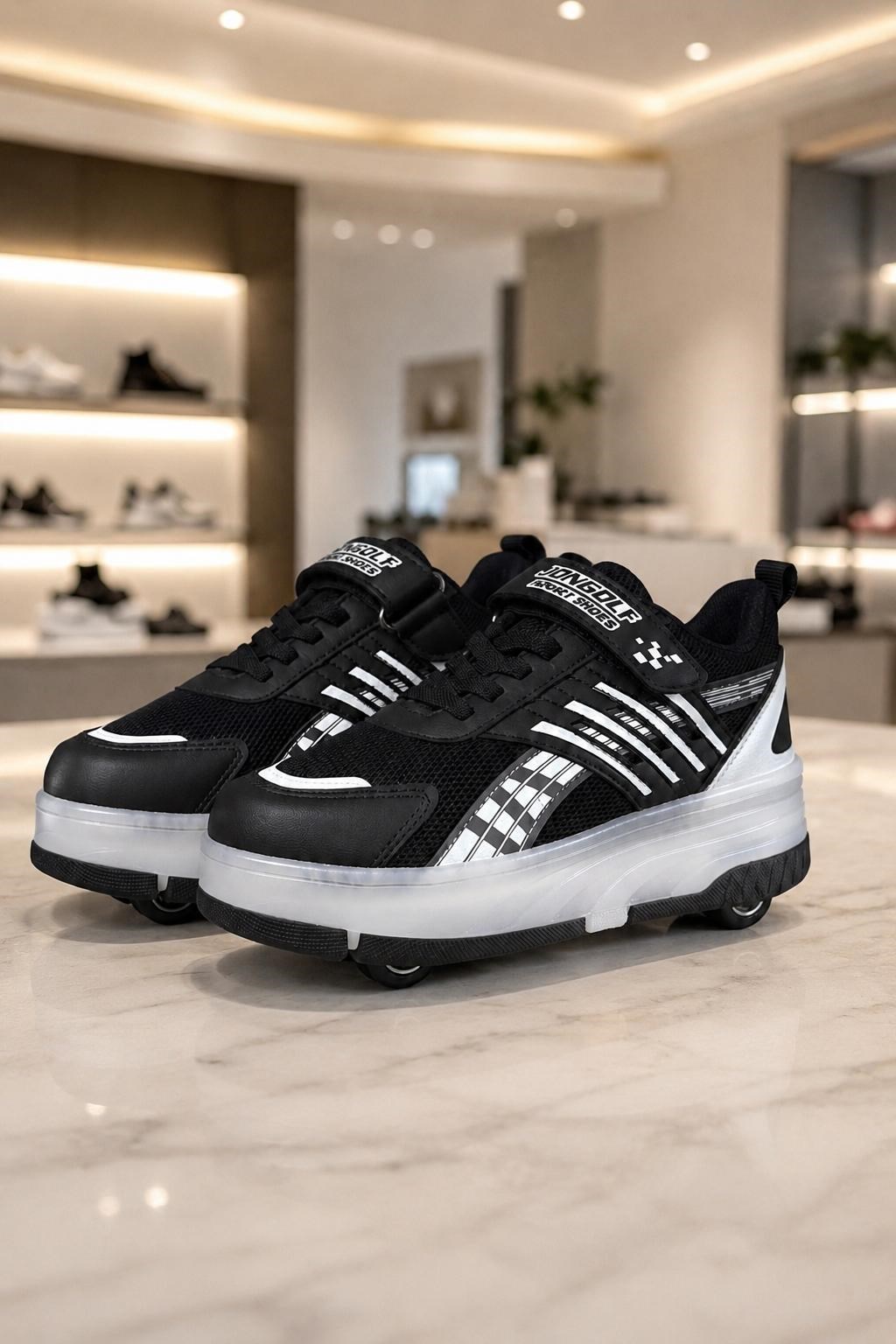 Erkek Çocuk Işıklı Tekerlekli Paten Ayakkabı -Siyah Desenli Spor Ayakkabı